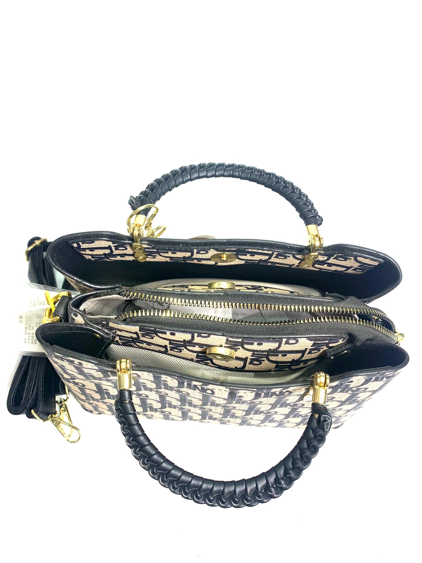 Checkered Beige Handbag with Butterfly Charm
