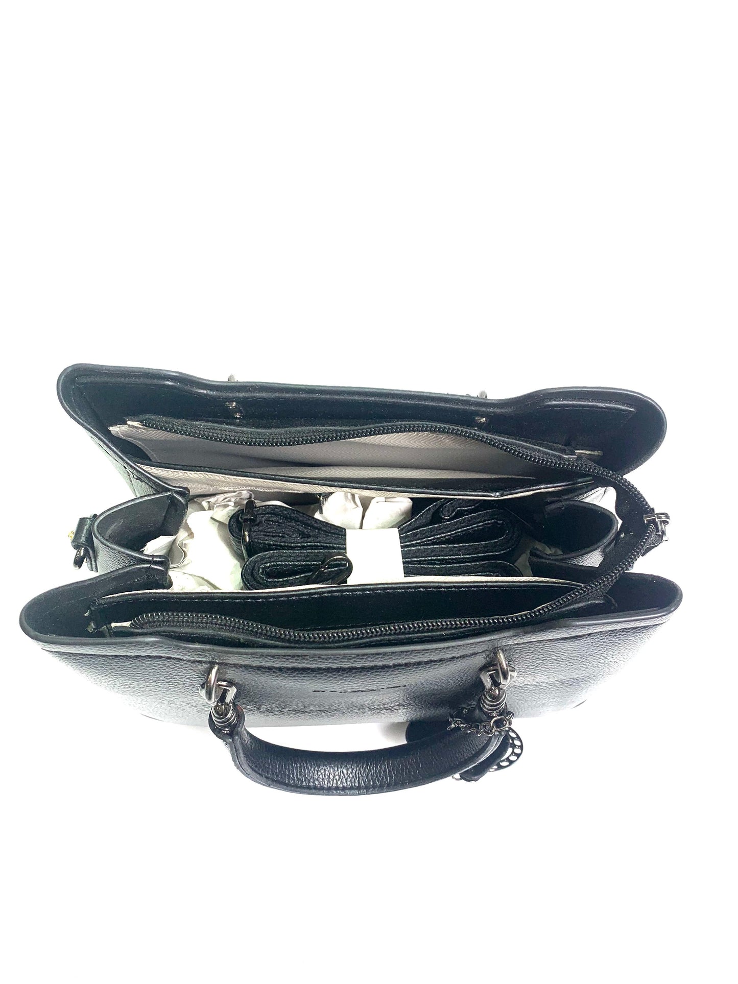 Black Leather Handbag with Round Pendant