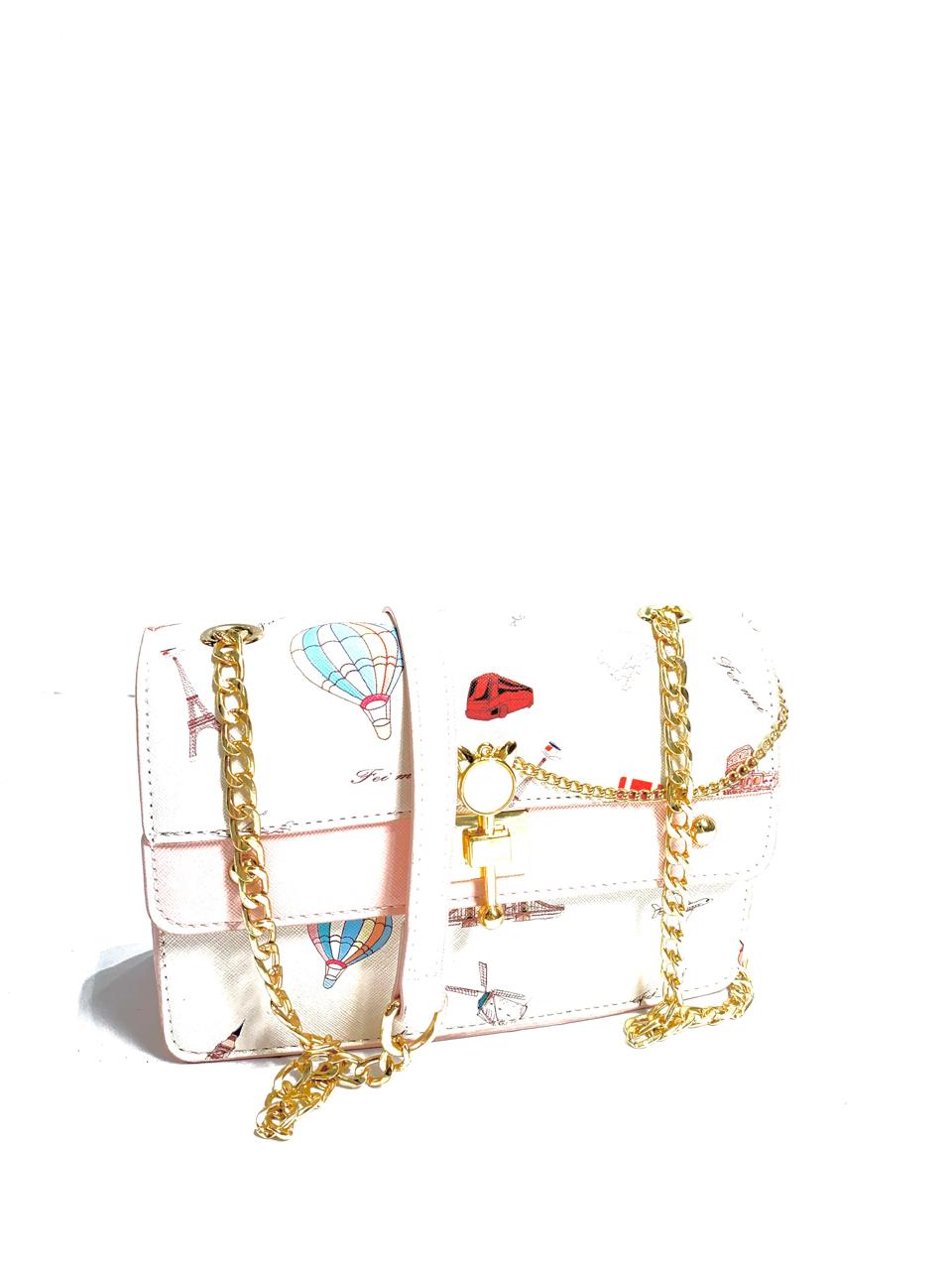 White Travel Print Chain Bag