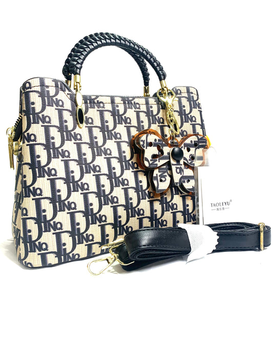Checkered Beige Handbag with Butterfly Charm