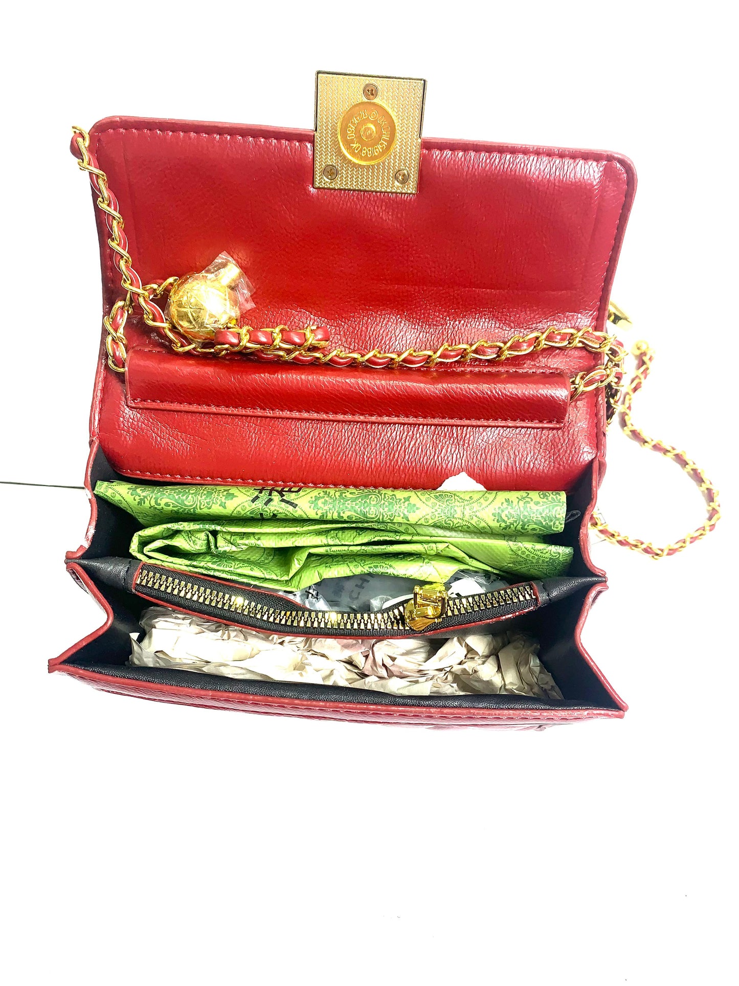 Red Quilted Shoulder Bag with Gold Chain