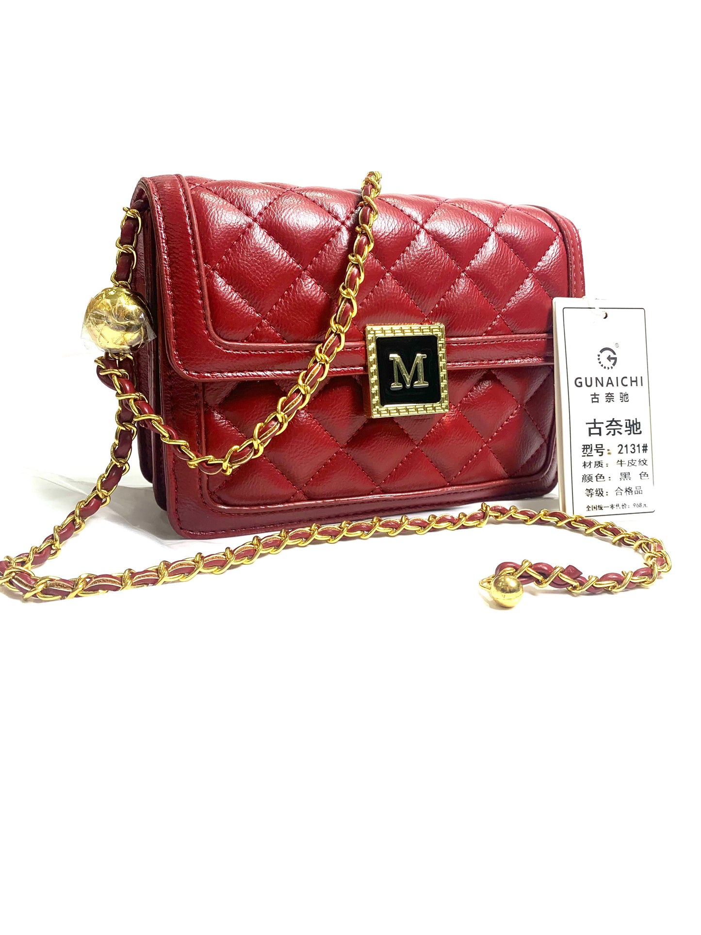Red Quilted Shoulder Bag with Gold Chain