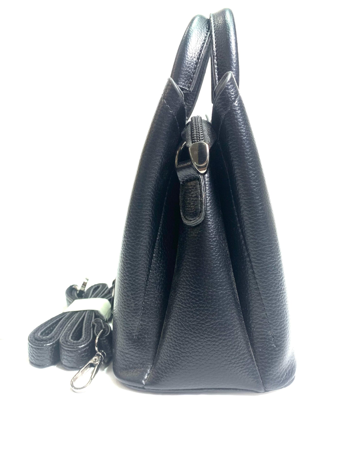 Black Leather Handbag with Round Pendant