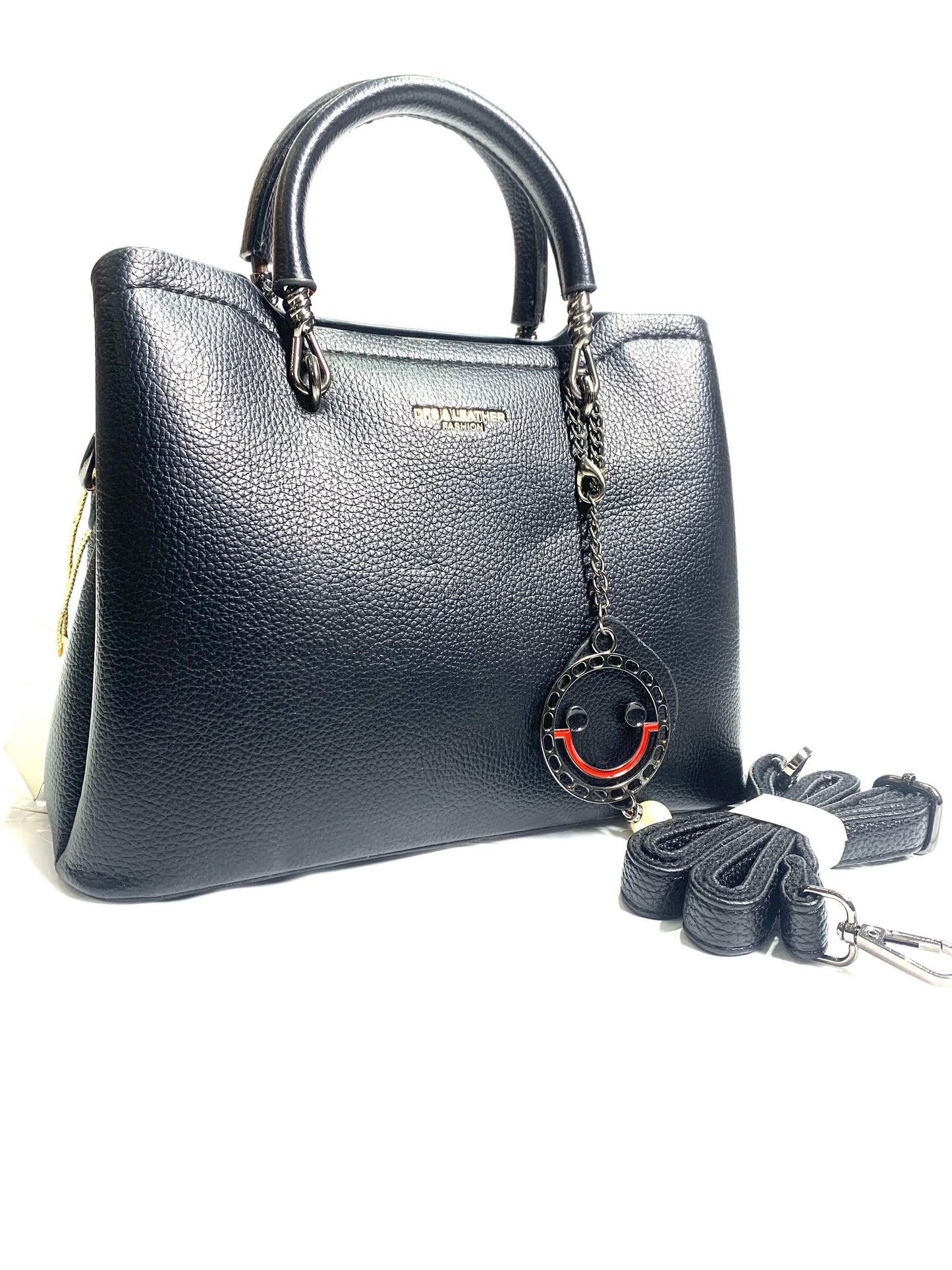 Black Leather Handbag with Round Pendant